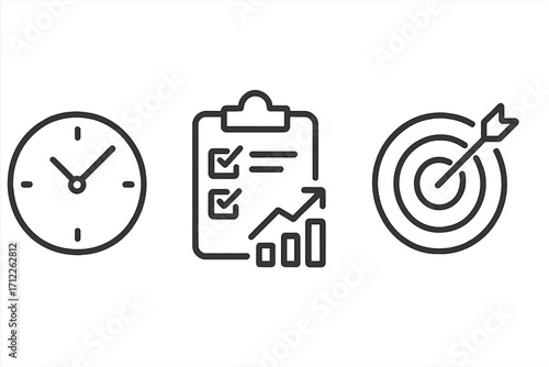 Minimalist linear icons set of time management, productivity checklist, and goal achievement with arrow hitting target, business success concept, transparent background
