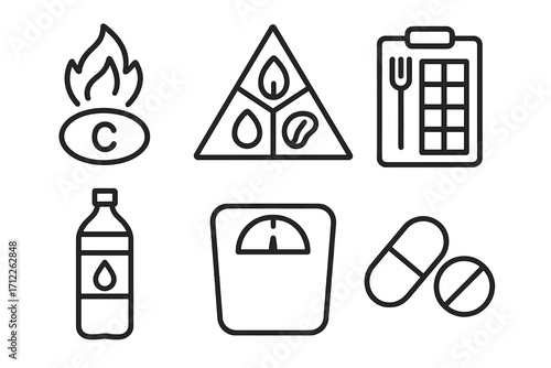 Minimalist nutrition icons set with calorie burn, macronutrients, meal planning, weight scale, hydration bottle, and supplement pills vector illustration transparent background