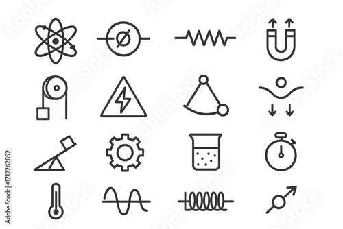 Minimalist physics and engineering icons set with scientific symbols, vector cartoon illustration, transparent background, precise technical symbols, ordered set for design and education