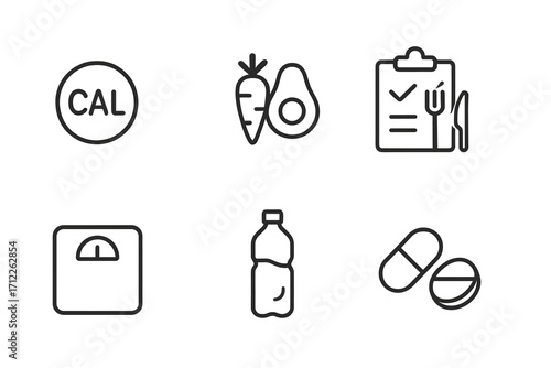 Minimalist nutrition icons set featuring calorie counting, macronutrients, meal planning checklist, weighing scale, water bottle, and supplements in simple black line vector style