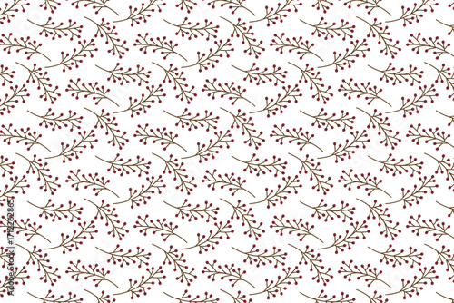 Red berry branches create a seamless pattern on a white background. This vector illustration is perfect for holiday designs, stationery, and festive decorations, highlighting nature s beauty.