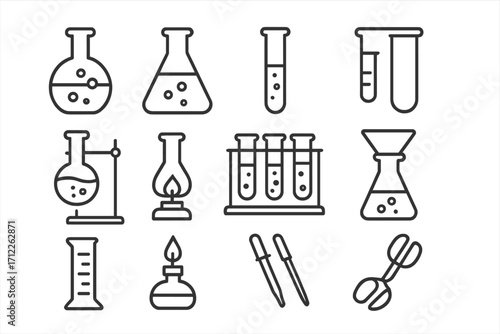 Minimalist science icons chemistry set with laboratory equipment and tools in linear design, vector cartoon illustration, transparent background, ordered collection of lab symbols