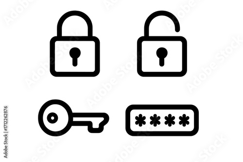 Minimalist security icons set padlocks keys passwords vector cartoon illustration transparent background lock unlock key access protection concept digital safety design elements