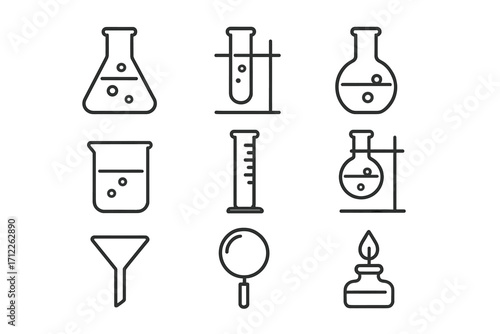 Minimalist science icons chemistry set with lab equipment and tools in linear design, vector cartoon illustration with transparent background, ordered set for education and research use