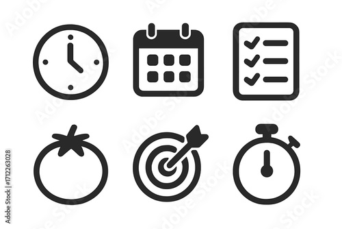 Minimalistic dark icon set with clock, calendar, checklist, tomato timer, target, stopwatch, productivity symbols, time management, goal setting, vector cartoon illustration, transparent background