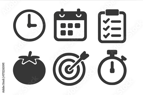 Minimalistic dark icon set featuring clock, calendar, checklist, tomato timer, target with arrow, stopwatch, productivity and time management concepts, vector illustration transparent background