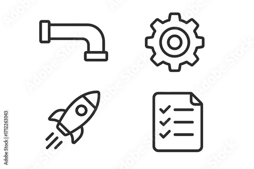 Minimalistic DevOps icons set featuring pipeline, gear, rocket, checklist symbols for effective project management and software development vector illustration transparent background