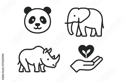 Minimalist wildlife icons featuring panda face, elephant, rhino, and conservation heart symbol. Vector cartoon illustration, transparent background, ordered animal set for eco design.