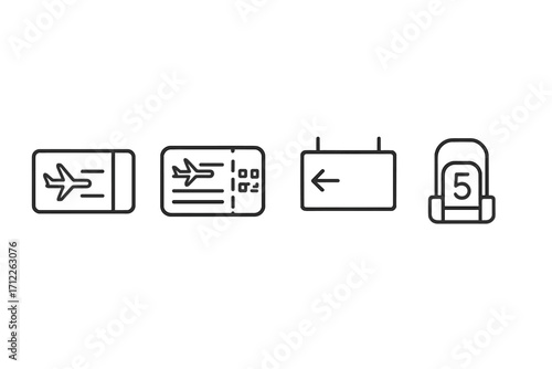 Minimalistic flight ticket and boarding pass icons with QR code, gate sign, and seat number illustration, simple line style vector set for travel and airport design transparent background