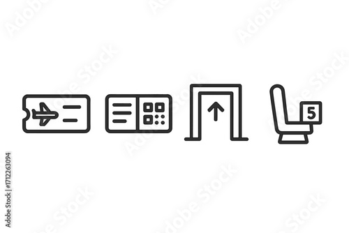 Minimalistic flight ticket boarding pass vector icons set with QR code gate and seat number illustration, airport travel symbols, minimalist line art design, transparent background