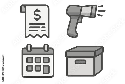 Monochrome financial icons set with invoice receipt, barcode scanner, calendar and archive box, vector cartoon illustration, transparent background, office and business elements