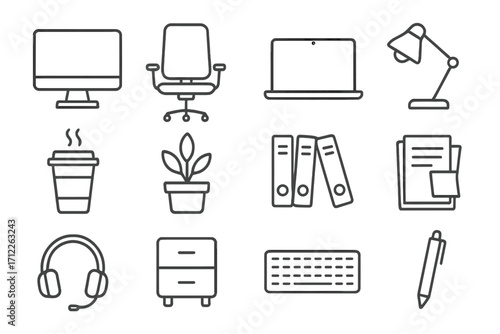 Office essentials line style icons set for modern workspace design with computer, chair, laptop, lamp, coffee cup, plant, folders, documents, headphones, drawer, keyboard, pen, transparent background