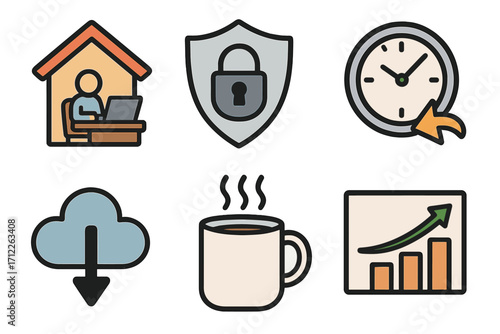 Remote work icon set with home office, security lock, time management clock, cloud storage download, steaming coffee cup, and growth chart vector cartoon illustration with transparent background