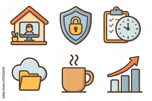 Remote work icons set with home office, security shield, time management clipboard, cloud storage folder, coffee cup, and growth chart arrow. Vector cartoon illustration transparent background