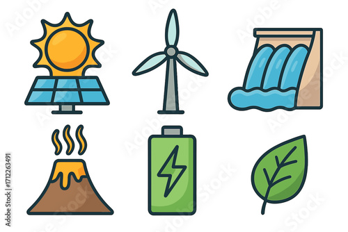Renewable energy icons set with solar panel and sun, wind turbine, hydropower dam, geothermal volcano, green battery, and eco leaf, cartoon style vector illustration transparent background