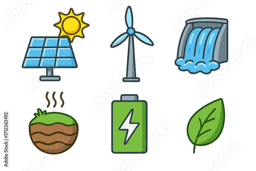 Renewable energy icons set with solar panel, wind turbine, hydroelectric dam, geothermal power, green battery, eco leaf illustration, sustainable power, green energy concepts
