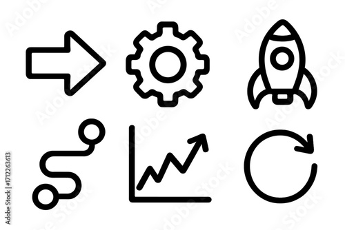 Set of simple black vector icons with arrow, gear, rocket, growth graph, route, reload cycle, minimalistic business and technology symbols, transparent background, ordered collection