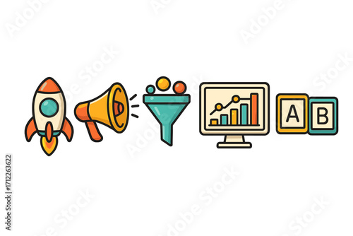 SEO and marketing icon set with colorful rocket, megaphone, funnel, analytics chart, and A/B testing symbols, vector cartoon illustration with transparent background, digital marketing tools concept