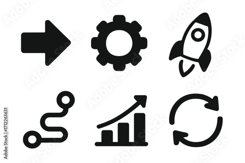 Simple black icons set including arrow, gear, rocket, growth graph, route path, and reload symbols vector illustration with transparent background for business and technology use