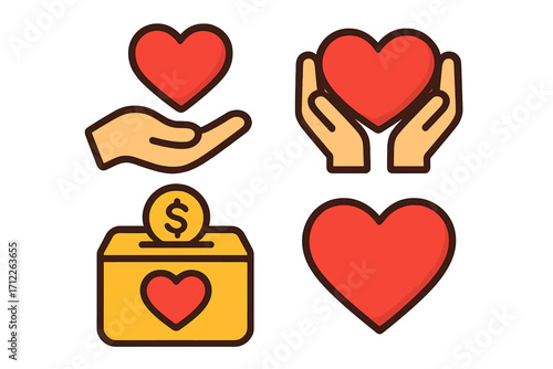 Shine heart icons set, flat style, vector cartoon illustration with transparent background, love and care symbols, donation box with coin, hand holding heart, charity and affection concept