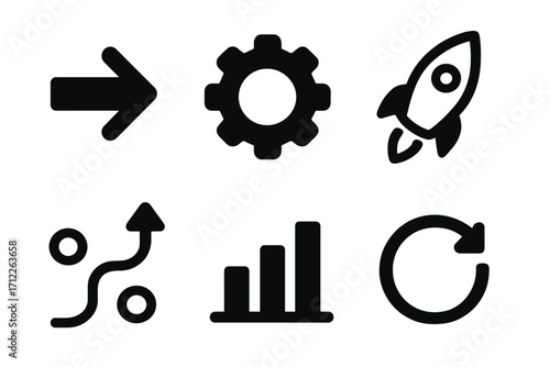 Set of simple black icons including arrow, gear, rocket, graph, route, and reload symbols. Vector cartoon illustration with transparent background, ordered set for business and technology concepts.