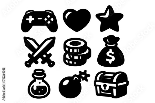 Stylized black game icons set with controller, heart, star, swords, coins, money bag, potion, bomb, and treasure chest on transparent background, vector cartoon illustration collection