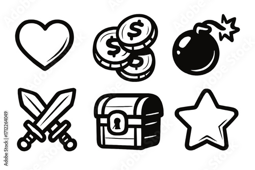 Stylized black icons of gaming elements including heart, coins, bomb, crossed swords, treasure chest, and star on transparent background, cartoon vector illustration