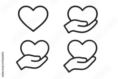 Teamwork icon set with hands holding heart symbols, linear style vector illustration, togetherness and support concept, transparent background, caring and unity design