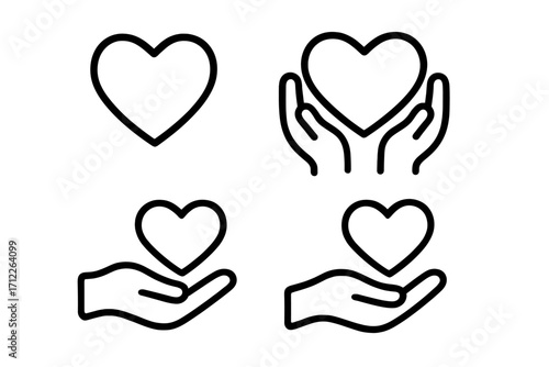 Teamwork icon with hands holding heart symbol, linear style vector illustration, unity and cooperation concept, transparent background, set of loving hands and care design