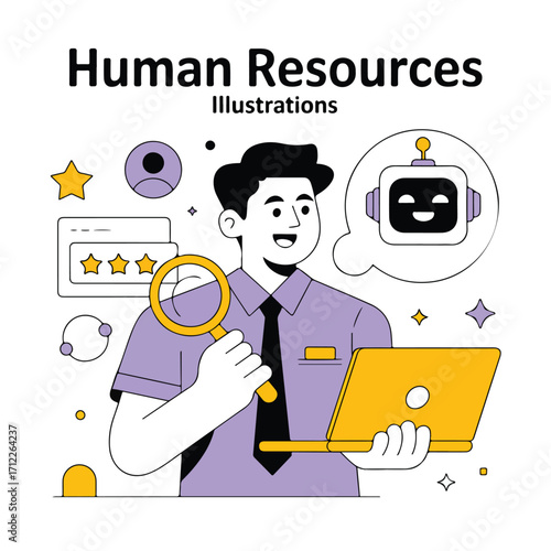Human resources illustration of a man with laptop and magnifying glass