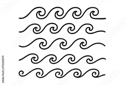 Linear style tsunami wave icon set, water symbol vector illustration, ocean wave patterns, sea swirl design elements, transparent background, wave line art collection, water motion graphics
