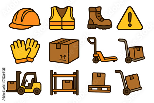 Warehouse essentials safety equipment and logistics icons set with protective gear, gloves, boots, caution signs, shipping boxes, forklifts, pallet trucks, and storage racks in cartoon style