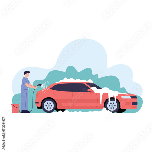 Man washing car with soap in vector format