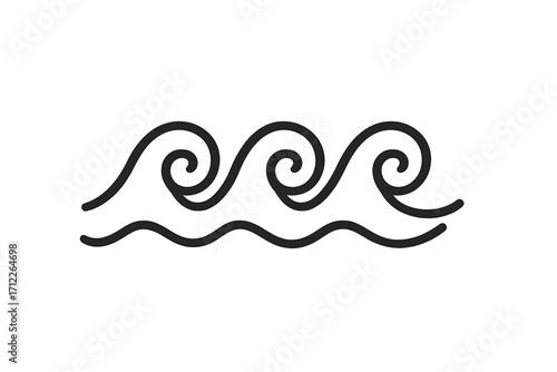 Abstract black wave icon, stylized water motion illustration, linear style vector cartoon with transparent background, repeated swirl waves pattern, sea flow symbol, ocean tide graphic design