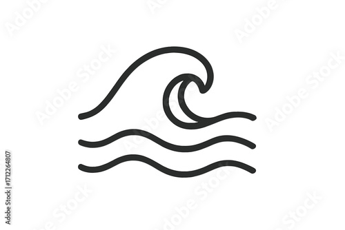 Minimalist wave icon in line art style, ocean water symbol, simple vector illustration of sea waves with transparent background, graphic design element for water, marine concept