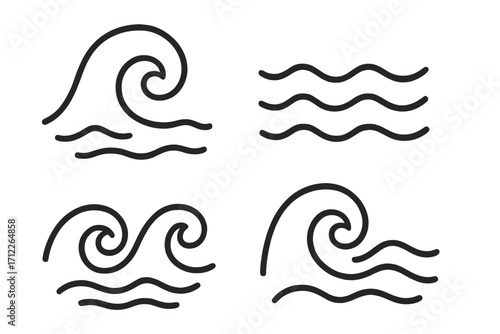 Set of four wave symbols in linear style, water icons, ocean wave vector illustrations, black simple contour line art, abstract water signs, minimal design elements