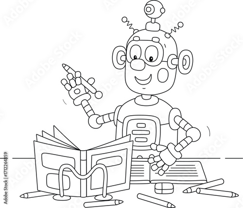 Cartoony robot doing homework for schoolchildren in primary school, black and white outline vector illustration for a coloring book