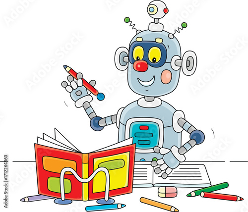 Cartoony robot doing homework for schoolchildren in primary school, vector cartoon illustration on a white background