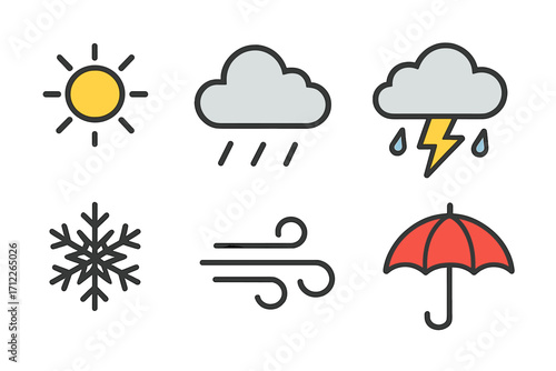 Weather icons set with sun, cloud, rain, thunderstorm, snowflake, wind, umbrella in flat design, colorful vector cartoon illustration, transparent background, ordered collection