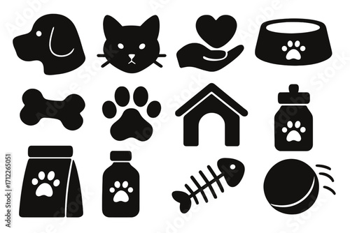 Silhouette pet care icons set, animal lovers symbols, dog and cat heads, paw print, pet food bag, bone, fish skeleton, pet house, heart in hand, toy ball, vector cartoon illustration