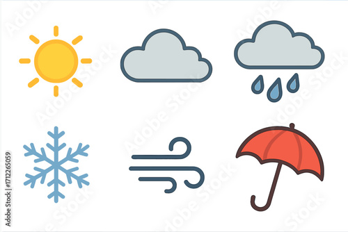 Weather icons set with sun, cloud, rain, storm, snowflake, wind, umbrella in flat vector cartoon design, transparent background, modern weather symbols for meteorology and climate concepts