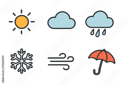 Weather icon collection vector set sun cloud rain snowflake wind umbrella flat design cartoon illustration transparent background ordered symbols