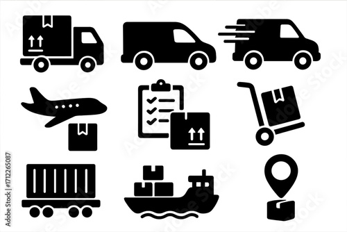 Shipping and delivery icons set with silhouette style vehicles and logistics elements, cartoon vector illustration, transparent background, transportation, cargo, logistics symbols
