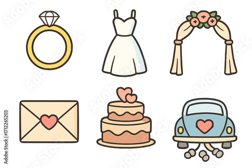 Wedding icon set cute cartoon style. Marriage ceremony collection. Diamond ring, bride dress, cake, arch, love letter, just married car. Vector graphic elements for invitation.