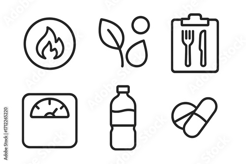Nutrition and diet line icon set. Healthy food and lifestyle concept symbols. Calorie burn, meal plan, weight loss scale, water bottle, and vitamin supplements vector icons.