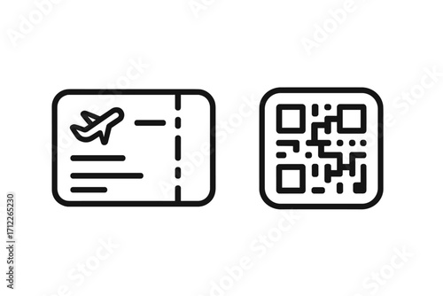 Airline boarding pass and QR code icon set. Vector illustration for travel, flight booking, and digital check-in. Minimalist line art design for tourism and vacation concepts.