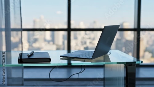 Wallpaper Mural Modern Desk Setup with Laptop and City View Torontodigital.ca