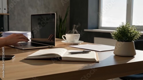 Wallpaper Mural Desk with open notebook, pen, laptop, and coffee Torontodigital.ca