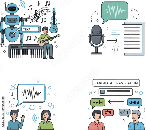 Isolated a kinds of deferent Ai audio set. Characters and artificial intelligence robot generate music from text, convert speech to transcription, translate foreign language words. vector art .
