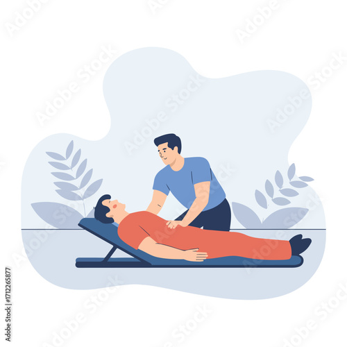 Doctor examining patient lying on examination table in medical clinic